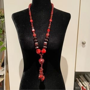 Red beaded boho long necklace
